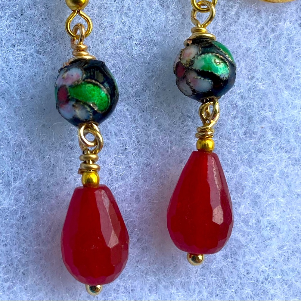 Teardrop Shaped Natural Ruby & Cloisonn Bead Earr… - image 1